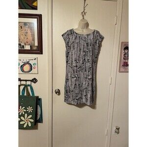 Sam Edelman Black & White Cityscape Print Shift Dress Lined Sz Large Sheer Back